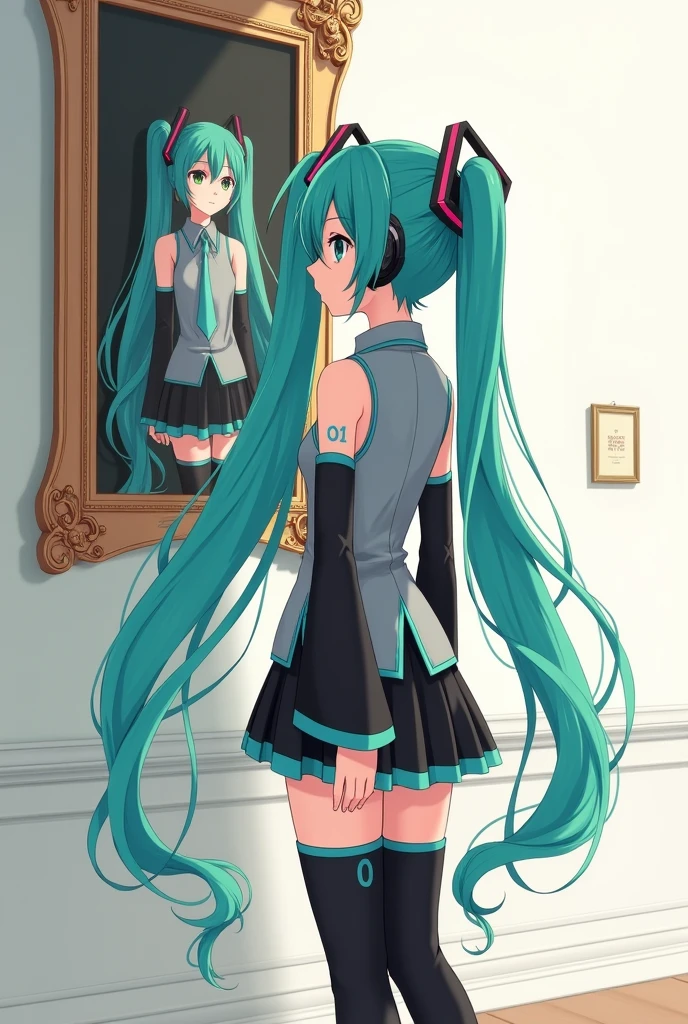 Anime art, anime style, detailed drawing, white background, high definition, high quality, one girl, solo, Hatsune Miku, aqua hair, twin tails, head ornament, headphones, number tattoo "01" (red, located on her left hand), grey sleeveless collared shirt, black detached sleeves with aqua lines, five fingers with aqua nails, aqua necktie, black pleated mini skirt with aqua lines, zettai ryouiki, thigh-high black boots with aqua lines.
Anime art, anime style, detailed drawing, white background, high definition, high quality, one girl, solo, Hatsune Miku, aqua hair, twin tails, head ornament, headphones, number tattoo "01" (red, located on her left hand), grey sleeveless collared shirt, black detached sleeves with aqua lines, five fingers with aqua nails, aqua necktie, black pleated mini skirt with aqua lines, zettai ryouiki, thigh-high black boots with aqua lines.
Miku Hatsune in the museum is looking at a painting herself on the wall.