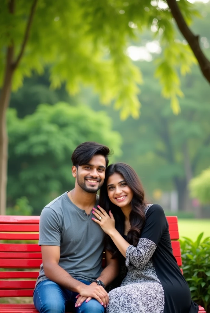 A young couple is sitting on a red bench in a park, a 17 year old Indian young slim boy with medium length haircut and wearing a grey shirt and t-shirt inner and a 19 year old pakistani young girl wearing a black and white pakistani suit, the young Indian boy has his hand on the young girl's neck and they both are looking at the camera. They are in love and happy together. The background has a blurred image of green trees and plants. The image is shot in a