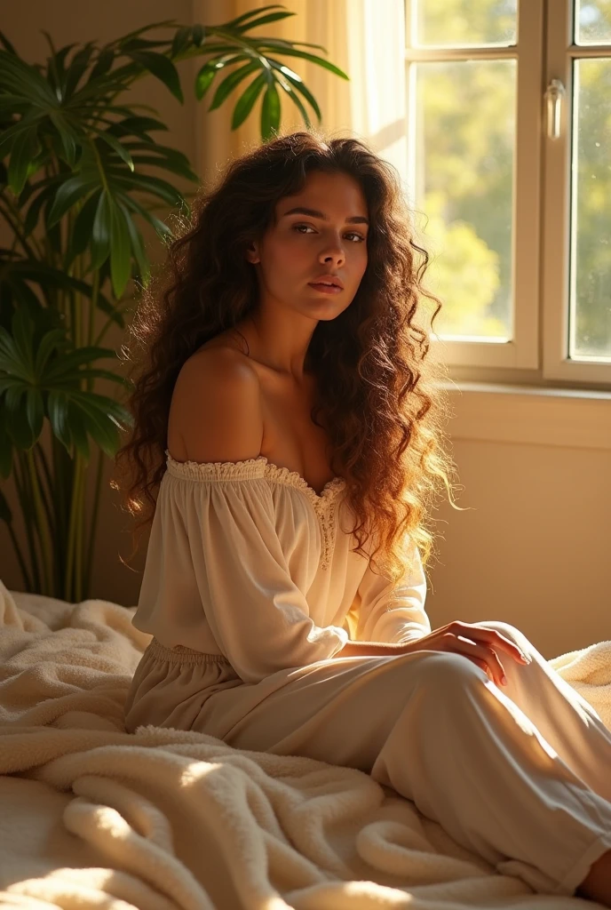 (photorealism:1.2), beautiful woman, sitting on bed, wearing loose off-shoulder top, pajama pants, long curly hair, indoors, soft lighting, plants in background, window with sunlight, cozy room, relaxed pose, realistic, intricate details, warm colors, by Greg Rutkowski, by Alphonse Mucha