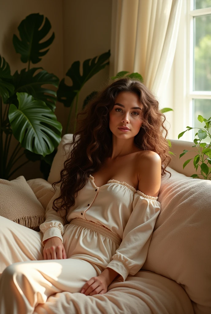 (photorealism:1.2), beautiful woman, sitting on bed, wearing loose off-shoulder top, pajama pants, long curly hair, indoors, soft lighting, plants in background, window with sunlight, cozy room, relaxed pose, realistic, intricate details, warm colors, by Greg Rutkowski, by Alphonse Mucha