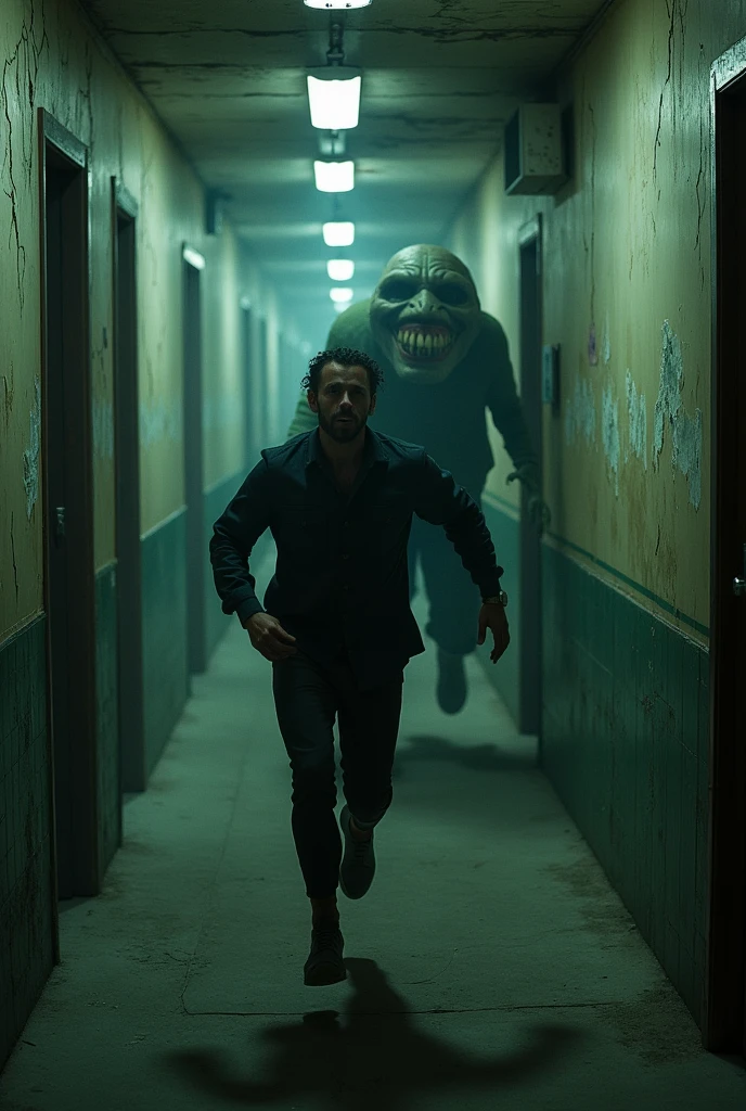 A person running down a corridor that seems to be abandoned while a creature difficult to describe chases them with a macabre smile.