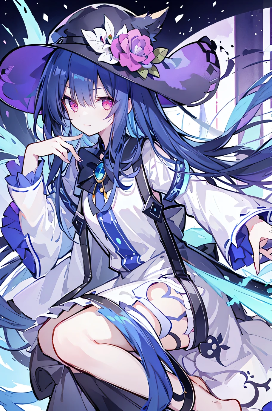 oung Girls,Humanity,A magician always smiles,big witch hat,cute,dark blue long hair,The eyes are dull,The bangs are heavy,Thin eyebrows,fantasy,intake,Double teeth,Star Theme,Constellation pattern,Solid color clothetal decoration,cloak,A bit of a dark atmosphere,A little crazy smile,When the big moon shines outside at night,blood,Hair black star embellishment,Short tie,No nails,High waist skirt,Bell sleeves,Long-sleeved shirt,Black tie,low risk,gentlemen。Mist、Yellow and white effect,Shocking pink as an accent color,(Masterpiece:1.2),Ultra-detailed,lifelike,The eyes are expressive,Fair skin,Perfect face shape,1 girl,Japanese Manga,Gorgeous blue hair,Flowing blue hair,Flowing clothes,Cat ears,Petals falling,Shy face,sitting on window,Place your hand on your lips,masterpiece, absurdres, novel cover, cover illustration, 1girl, solo, dark blue-haired ponytail, mage robes, flower background, clock background, monochrome, line drawing