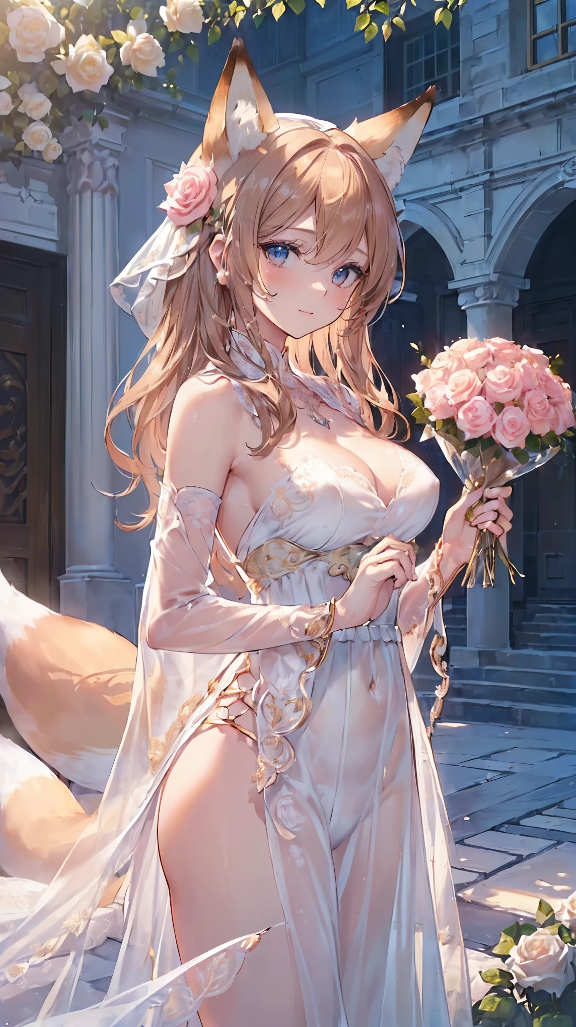 (((masterpiece))), (((Highest quality))), ((Very detailed)), ((Ultra-fine illustrations)), ((Ultra-fine painting)), (16K Highest qualityの壁紙:1.4), (Upper Body:1.4), (Very detailed and delicate illustration style:1.8), Detailed skin texture, Detailed cloth texture, Detailed rose flower texture, Very detailed説明, (Tmasterpiece), (Very detailed face:1.4), (Very detailed fox ears:1.2), (Very detailed golden brown hair:1.2), (Very detailed, Beautiful and clear eyes:1.2), original, RAW Photos, Professional, Intricate details, Super Details, Direct sunlight:1.6, (Perfect Anatomy:1.4), (Very detailed hands:1.2), (Very detailed fingers:1.2), (Very detailed fingertips:1.2), (Age 27), Genuine, (alone:1.6), ((A very beautiful and charming fox woman fashion model:1.4))
brake
(Beautiful and adorable fox ears:1.6), (Very detailed and delicate fox ears:1.4), (Beautiful and well-shaped big breasts:1.2), (Beautiful and shapely butt), (Beautifully shining golden brown hair:1.6), (Very detailed and delicate golden brown hair:1.4), (Clear blue eyes that shine beautifully in every detail:1.6), (Very detailed and delicate blue eyes:1.2), (Very detailed face:1.4), (smile:1.4), (View your viewers:1.4), (Are standing:1.4), (celebration:1.4)
brake
((celebrationの席で着られる、A delicate and beautiful princess dress。:1.4))
brake
((Holding a large, intricate and delicate bouquet in both hands ((White and pink roses)):1.3))
brake
(After noon:1.4), (celebration:1.4), ((Very detailed and delicate white rose flower and pink rose flower garden background:1.4)), (Very detailed and delicate royal palace courtyard background in just after noon in spring:1.4) brake