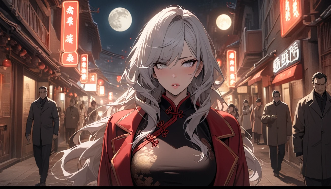 masterpiece, the best, night, full moon, 1 female, mature woman, Chinese style, China, Sister, Royal sister, cold face, Poker face, woman with long silver hair, light pink lips, calm, intellectuals, Three bangs, gray pupil, assassin, struggle, street view, facial details,