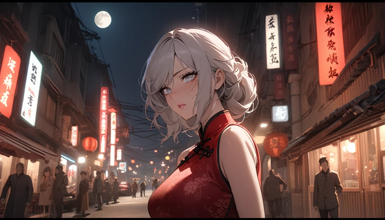 masterpiece, the best, night, full moon, 1 female, mature woman, Chinese style, China, Sister, Royal sister, cold face, Poker face, woman with long silver hair, light pink lips, calm, intellectuals, Three bangs, gray pupil, assassin, struggle, street view, facial details,