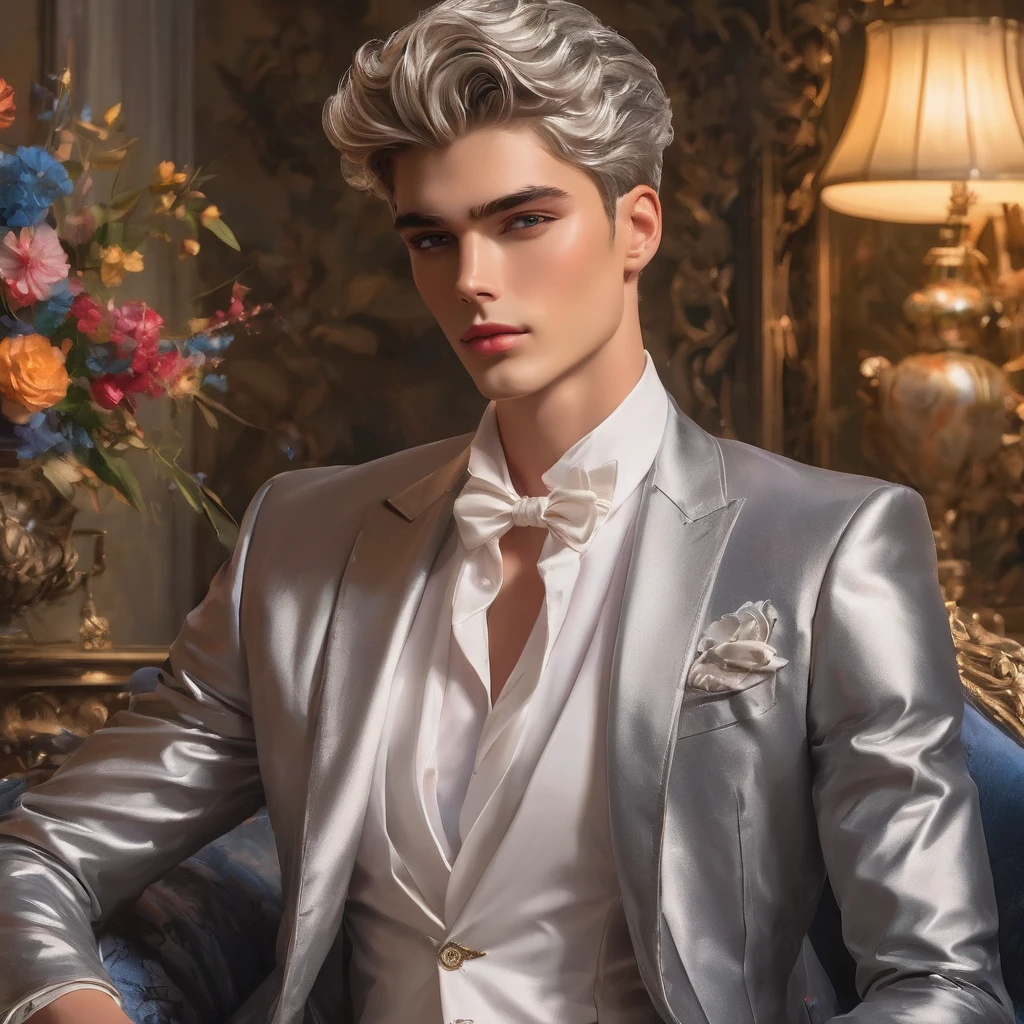 In this breathtaking artwork, miniature doll-sized male models, inspired by the iconic supermodels Sean O’Pry and Lucky Blue Smith, take center stage in a vibrant scene reminiscent of a Ken doll fantasy. With jointed doll features and porcelain-like skin, these charming figures boast an irresistible blend of sophistication and natural beauty.
Sporting short silver-gray undercut hairstyles, Wearing small white embroidery-detailed thong, he has toned chest and abs and he exudes sophistication and elegance against the backdrop of a luxury bedroom. The room is adorned with 1915 Oriental theme, surrounded by luxury exotic furniture, velvet drape curtains, and colorful wildflowers, creating a vibrant and enchanting atmosphere.
Captured from a dynamic angle, over shoulder look photo showcases the models amidst the meticulously arranged Employing three-point lighting and incorporating 3D animation shadows, the photographer enhances the models' features, resulting in an image of unparalleled realism and detail.
using a Canon EOS R6 and Sigma AF 24mm F1.4 EX DG HSM lens by Thomas Synnamon, the focus of the photo is on his captivating presence and the intricate details of the surroundings, Utilize natural soft lighting, casting gentle highlights and shadows that accentuate the contours of his face and body, The light creates a warm intimate atmosphere with a soft golden tone that enhances his skin,
With its dramatic composition and seductive lighting, this masterpiece invites viewers to immerse themselves in a world of charm and sophistication. It celebrates the beauty of the male form while capturing the essence of a fun-filled day, where joy and relaxation abound.