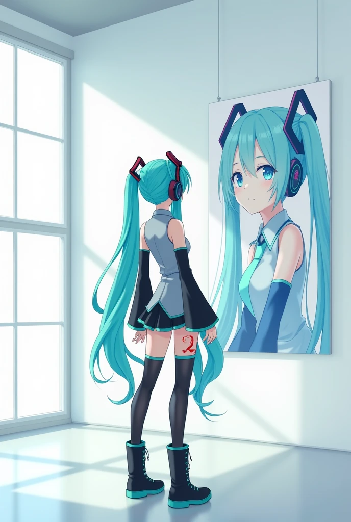 Anime art, anime style, detailed drawing, white background, high definition, high quality, one girl, solo, Hatsune Miku, aqua hair, twin tails, head ornament, headphones, number tattoo "01" (red, located on her left hand), grey sleeveless collared shirt, black detached sleeves with aqua lines, five fingers with aqua nails, aqua necktie, black pleated mini skirt with aqua lines, zettai ryouiki, thigh-high black boots with aqua lines.
Anime art, anime style, detailed drawing, white background, high definition, high quality, one girl, solo, Hatsune Miku, aqua hair, twin tails, head ornament, headphones, number tattoo "01" (red, located on her left hand), grey sleeveless collared shirt, black detached sleeves with aqua lines, five fingers with aqua nails, aqua necktie, black pleated mini skirt with aqua lines, zettai ryouiki, thigh-high black boots with aqua lines.
Miku Hatsune in the museum is looking at a painting herself on the wall.