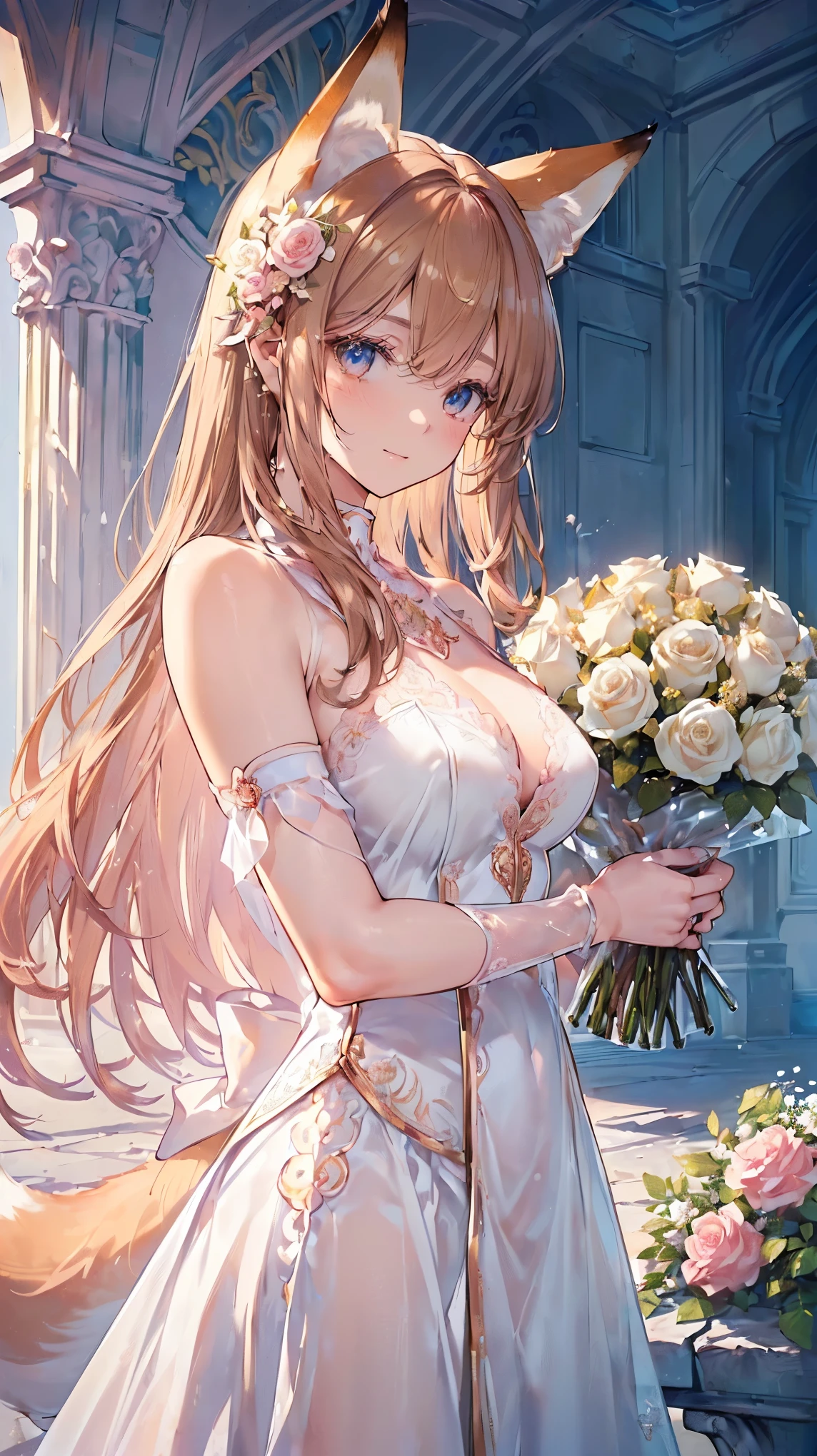 (((masterpiece))), (((Highest quality))), ((Very detailed)), ((Ultra-fine illustrations)), ((Ultra-fine painting)), (16K Highest qualityの壁紙:1.4), (Upper Body:1.4), (Very detailed and delicate illustration style:1.8), Detailed skin texture, Detailed cloth texture, Detailed rose flower texture, Very detailed説明, (Tmasterpiece), (Very detailed face:1.4), (Very detailed fox ears:1.2), (Very detailed golden brown hair:1.2), (Very detailed, Beautiful and clear eyes:1.2), original, RAW Photos, Professional, Intricate details, Super Details, Direct sunlight:1.6, (Perfect Anatomy:1.4), (Very detailed hands:1.2), (Very detailed fingers:1.2), (Very detailed fingertips:1.2), (Age 27), Genuine, (alone:1.6), ((A very beautiful and charming fox woman fashion model:1.4))
brake
(Beautiful and adorable fox ears:1.6), (Very detailed and delicate fox ears:1.4), (Beautiful and well-shaped big breasts:1.2), (Beautiful and shapely butt), (Beautifully shining golden brown hair:1.6), (Very detailed and delicate golden brown hair:1.4), (Clear blue eyes that shine beautifully in every detail:1.6), (Very detailed and delicate blue eyes:1.2), (Very detailed face:1.4), (smile:1.4), (View your viewers:1.4), (Are standing:1.4), (celebration:1.4)
brake
((celebrationの席で着られる、A delicate and beautiful princess dress。:1.4))
brake
((Holding a large, intricate and delicate bouquet in both hands ((White and pink roses)):1.3))
brake
(After noon:1.4), (celebration:1.4), ((Very detailed and delicate white rose flower and pink rose flower garden background:1.4)), (Very detailed and delicate royal palace courtyard background in just after noon in spring:1.4) brake 