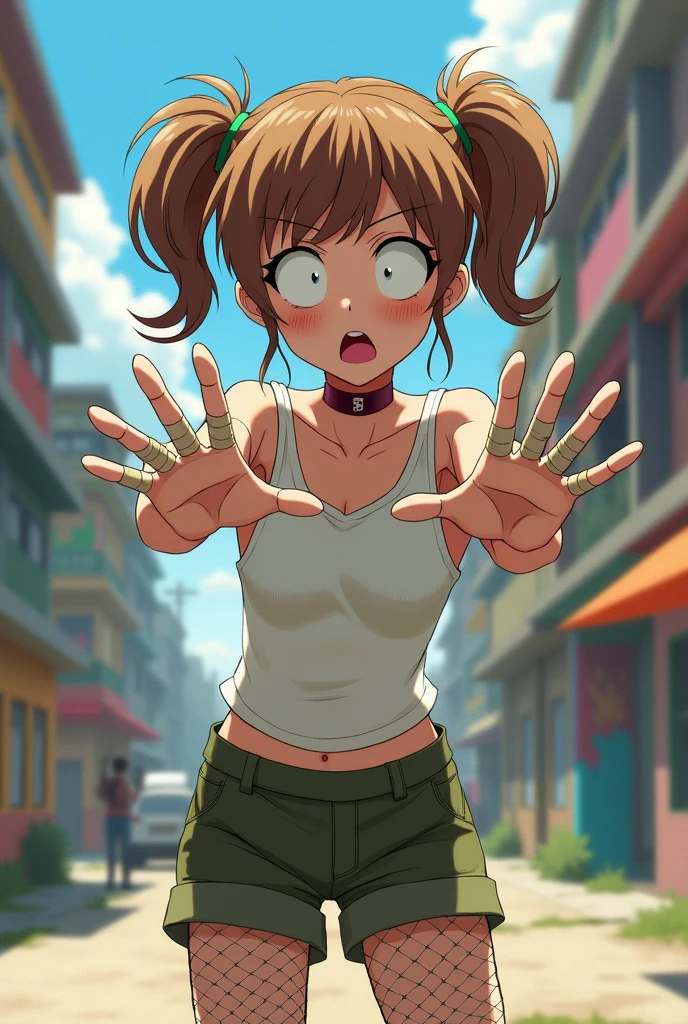 My hero academy, age girl, wearing fishnet stockings, olive green shorts, White sleeveless shirt, wears bandages on her hands, a choker on her wine-colored throat, thin face, big white eyes, messy hair with small pigtails is brown-blond, She has lots of freckles and messy emo-style bangs.
Looking at the camera, with his hands in front of him trying to cover his face, an expression of surprise, anguish and nerves.