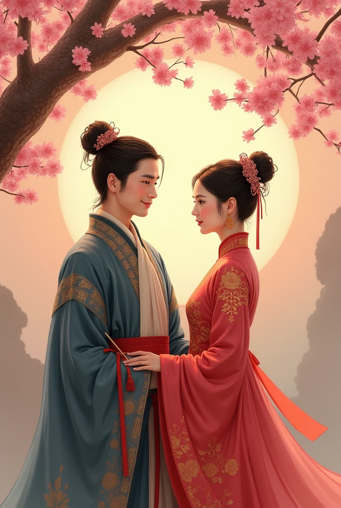 A young Chinese bodyguard stands beside a Chinese woman in a traditional Chinese painting style, holding a red divination stick and chopsticks.
