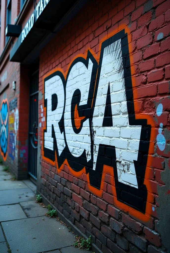 White and black graffiti RCA letters on a building