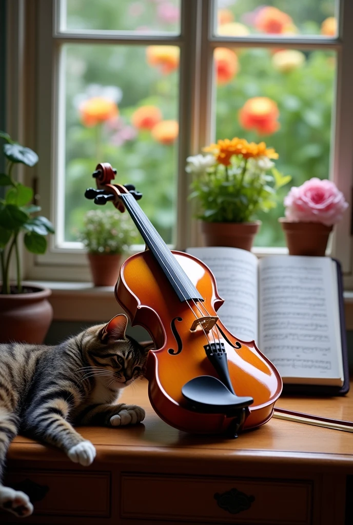 Create an image of a Viola, String family on a desk in front of a music stand with a score and the bow beside it, with the beautiful scenery and a cat lying down