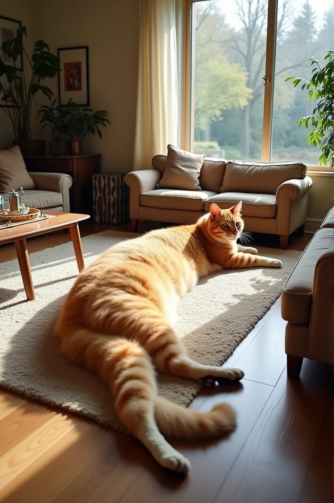 “The world’s longest cat lying stretched out. The cat’s body extends from one end of the room to the other, emphasizing its length. The cat is relaxed, with its tail clearly visible. The background features typical indoor furniture, highlighting the cat’s extraordinary length.”