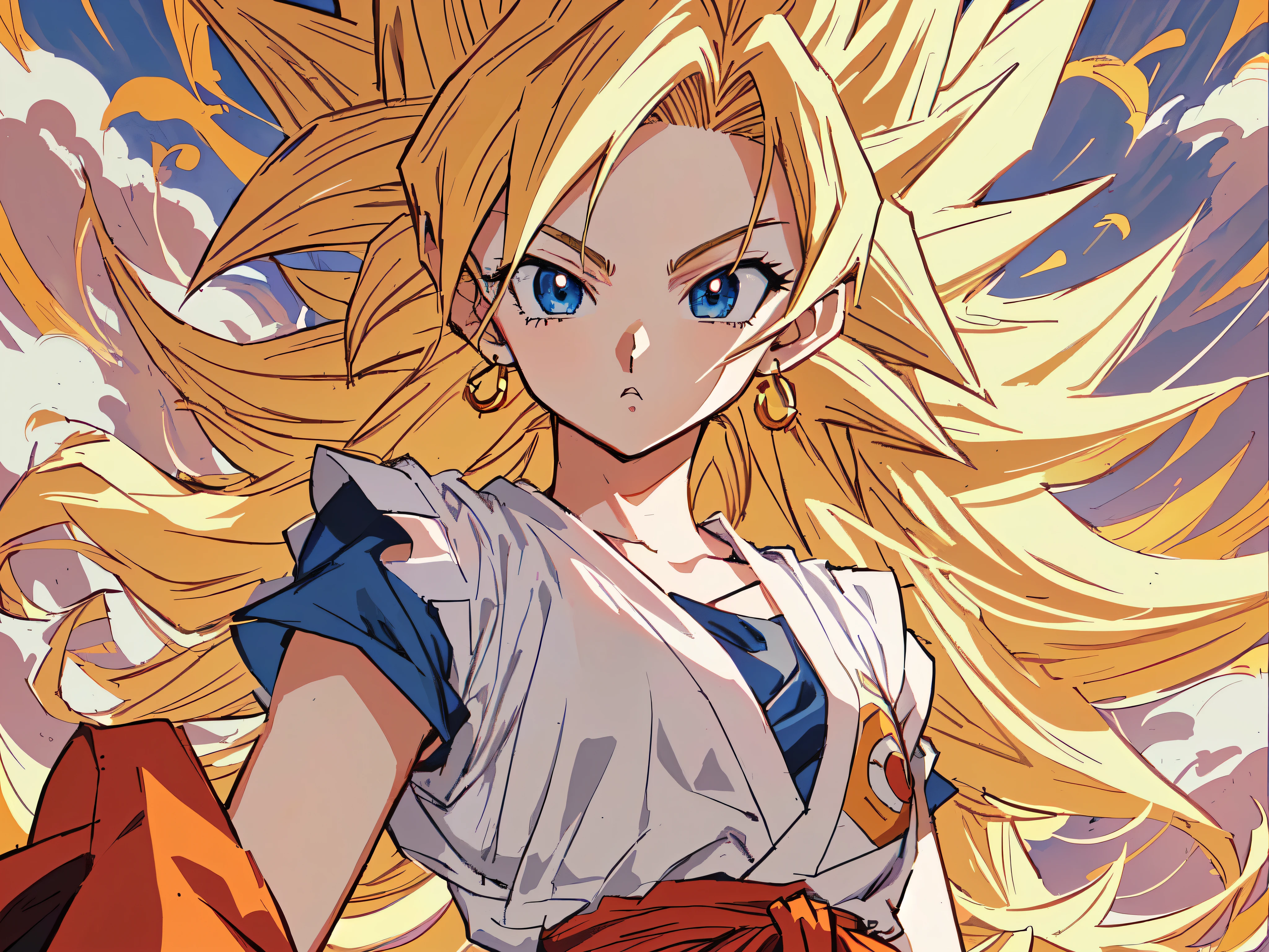 Goku from Dragon Ball is a very handsome and young character., Saiyan girl, Dragon Ball Art Style, Female Goku, Super Saiyan 3, Anime style 4k, Dragon Ball Style, Dragon Ball Z style, Super Saiyan, anime style artwork, Anime style illustrations, Detailed digital anime art, Eye-catching comic book art style, official art works, Detailed anime art