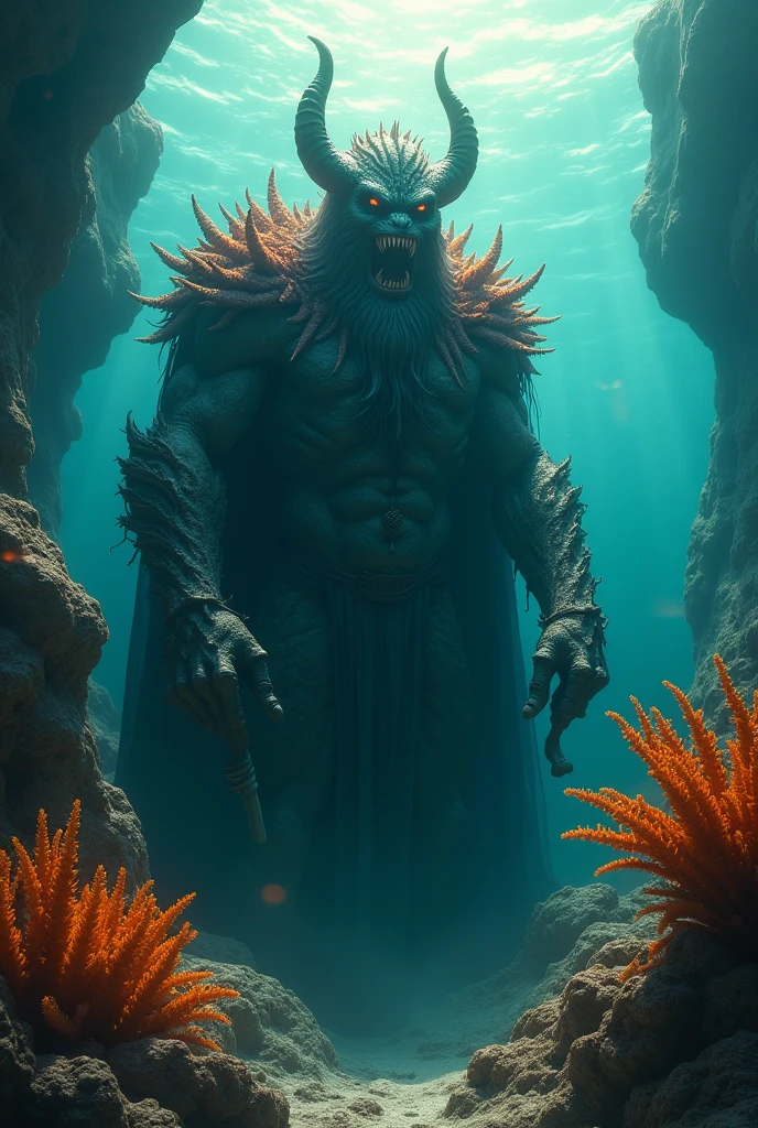 (photorealism:1.2), One day, the dreaded Cavity King emerges from the dark abyss, determined to spread decay across the ocean. soft lighting, plants in background, sunlight rare through the waters, realistic, intricate details, warm colors