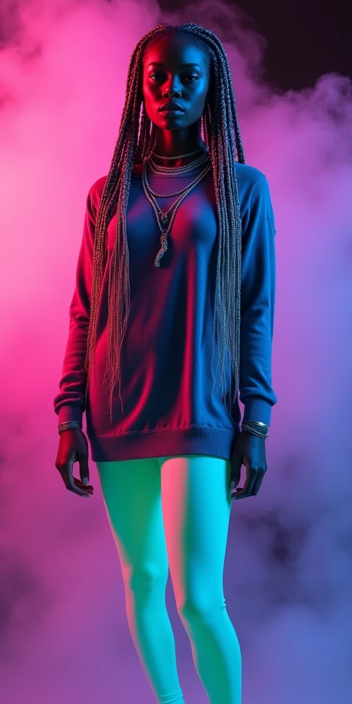 objective, dark skin Woman Goddess with tapered tiny waist, sweater dress with neon leggings, 8K UHD, thick feminine curvature in lower body, immaculate jewelry, stunning volumetric ffog, no nudity, cellophane couture, Versace, Gucci, high details, face like Angela Bassett × Megan thee Stallion, brightly lit face, long neon braids with silver highlights, no nsfw  
