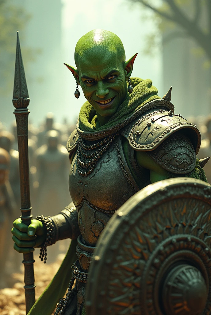 githyanki, solo, single person, green skin, large freckles, bald head, spiky earrings, handsome, male, smirking, white chain mail armor, flail, shield, ((masterpiece, best quality)), art by greg rutkowski, artwork trending on artstation
