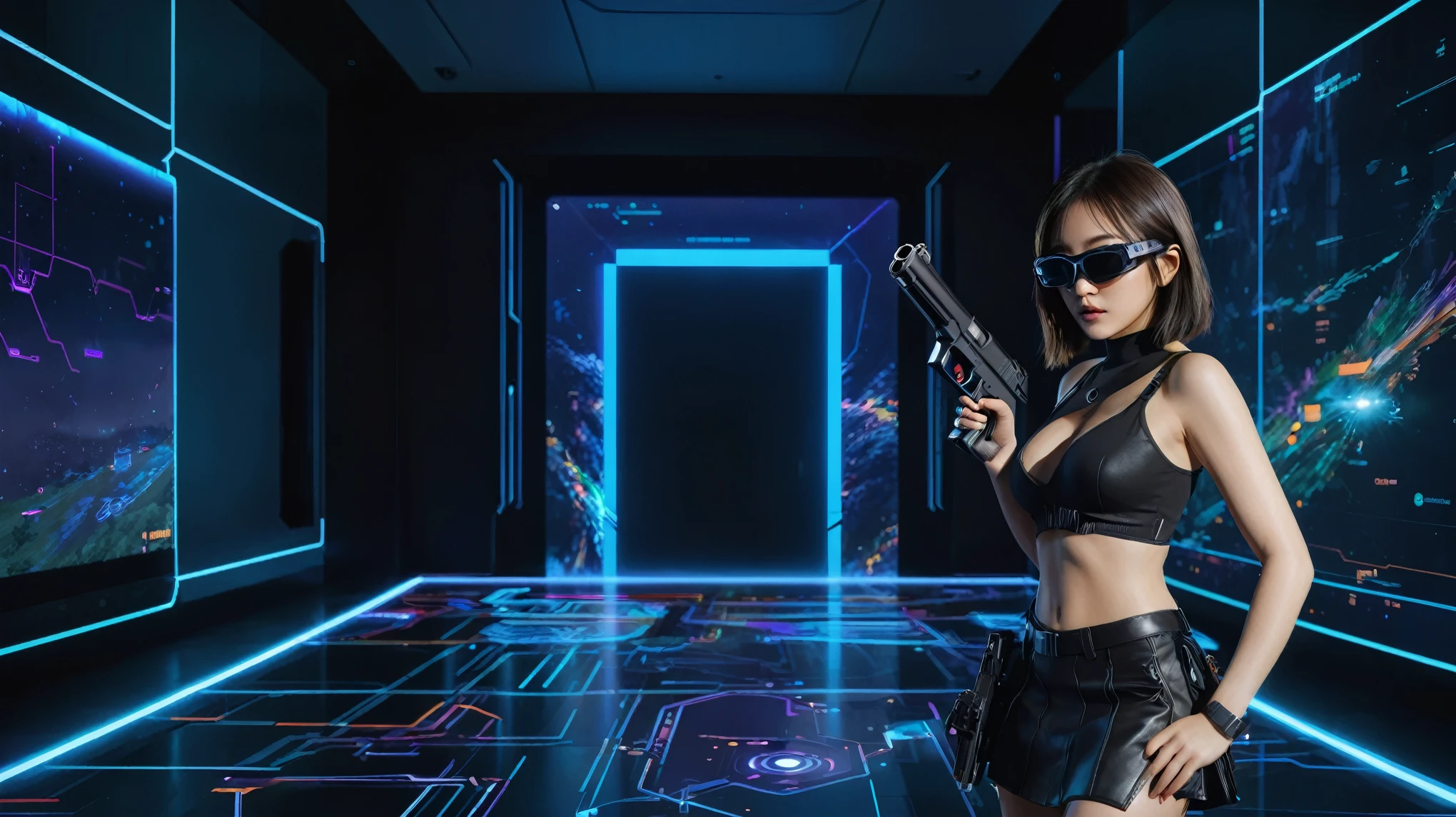 A futuristic sci-fi virtual battle field of war game, shooting range with moving targets, flying vehicle, neon waterfalls. High-resolution OLED GUI interfaces in the building, The windows are filled with transparent data visualization infographics that show it all, from weather patterns to traffic flow, Matrix cascading code. Colors are saturated and vibrant. At night, (1girl, solo), photo realistic, medium-breast:1.3 slim body, cleavage, sling top, miniskirt, (mini VR sunglasses, holding a short gun), half-body thigh level medium shot, cinematic lighting, ray tracing.
