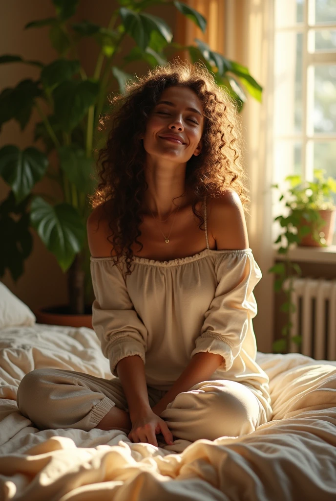 (photorealism:1.2), beautiful woman, sitting on bed, wearing loose off-shoulder top, pajama pants, long curly hair, indoors, soft lighting, plants in background, window with sunlight, cozy room, relaxed pose, realistic, intricate details, warm colors, by Greg Rutkowski, by Alphonse Mucha