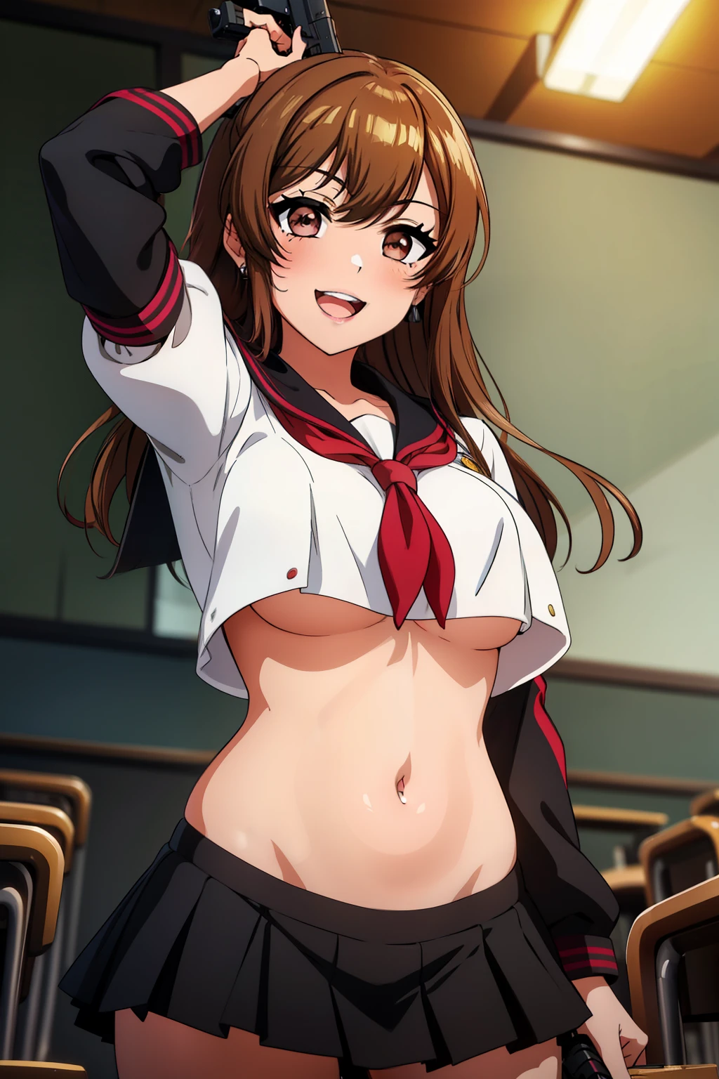 kyoko, headpones around neck, bangs, brown eyes, long hair,brown hair, seductive smile, blush, lipstick, jewelry, earrings, Hot girl, baddie, mean girl, sensual, attractive, masterpiece, best quality, highly detailed, a anime girls in sailor uniforms with a gun posing for a picture,
evil smile, smile, open mouth,black_serafuku, ecchi anime style, anime girls , (nsfw) not safe for work,
ecchi style, ecchi, shipgirls, digital anime art!!, high school girls, holding a gun, hold a gun, anime style 4
k, micro skirt, exposed belly, exposed navel, exposed midriff, holding pistol,underboob,
exposed lower belly,school, classroom, navel piercing