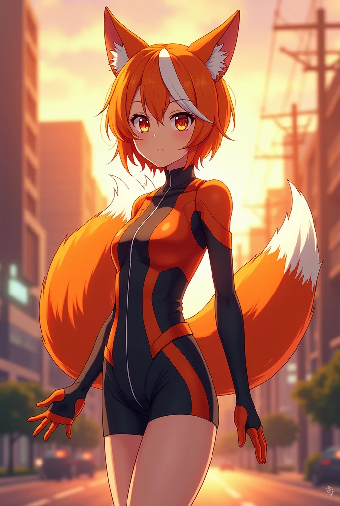 A girl with orange hair and a white strand, with 9 kitsune fox tails, anime style like My Hero Academia, In her short hero costume