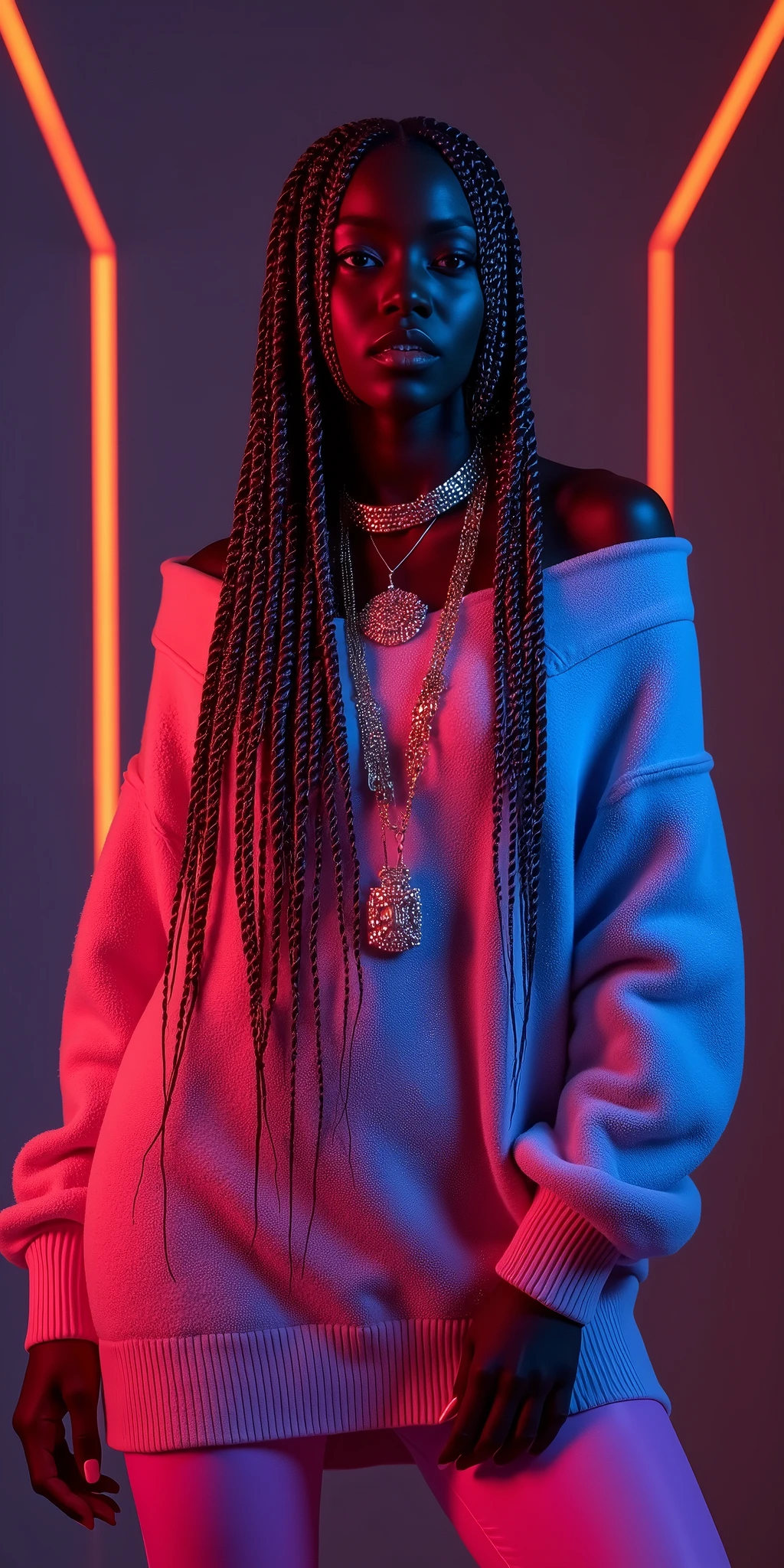 objective, dark skin Woman Goddess with tapered tiny waist, sweater dress with neon leggings, 8K UHD, thick feminine curvature in lower body, immaculate jewelry, stunning volumetric lighting, no nudity, cellophane couture, Versace, Gucci, high details, face like Angela Bassett × Megan thee Stallion, thin waist:2, long neon braids with silver highlights, no nsfw 