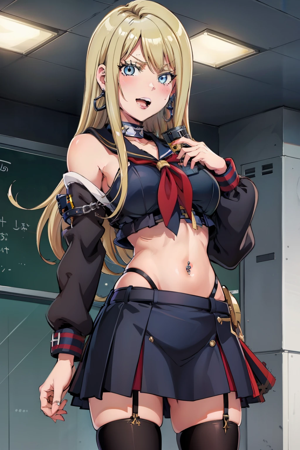 1girl, solo, blonde hair, blue eyes, long hair, large breasts, solo, blush, lipstick, jewelry, earrings, Hot girl, baddie, mean girl, sensual, attractive, masterpiece, best quality, highly detailed, a anime girls in sailor uniforms with a gun posing for a picture,
evil smile, smile, open mouth,black_serafuku, ecchi anime style, anime girls , (nsfw) not safe for work,
ecchi style, ecchi, shipgirls, digital anime art!!, high school girls, holding a gun, hold a gun, anime style 4
k, micro skirt, exposed belly, exposed navel, exposed midriff, holding pistol,underboob,
exposed lower belly,school, classroom, navel piercing
