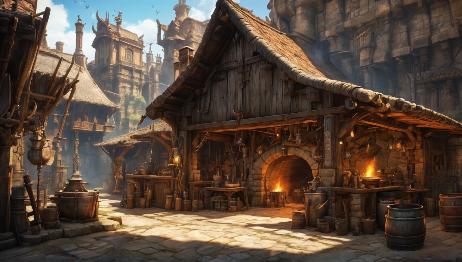 (Arthur Rackham style). ((blacksmith forge, from final fantasy xii)). (masterpiece), ((best quality)), depth of field, detailed matte painting, vibrant color, fantastical, intricate detail, splash screen, complementary colors, fantasy concept art, 8k resolution trending on Artstation Unreal Engine 5