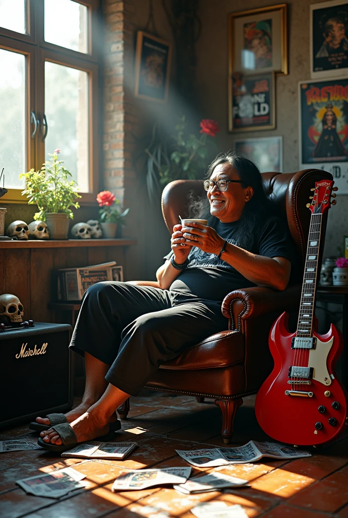(photorealism:1.2) realistic high detailed definition Malay old man sitting on chair left hand hold cup of coffee and right hand hold cigarette smile face background filthy bricks wall on the room morning mode sunlight effect silhouette wearing shirt black shirt wrote iron maiden full body wearing glasses long black hair short jeans wearing slippers wet floor flower tree and electric guitar Gibson sg red colour on side marshall amplifier magazines on floor poster pink Floyd on wall rack full of vinyl records skull on the table naked women poster on the wall messy room smoke effect makeup like Ozzy Osbourne