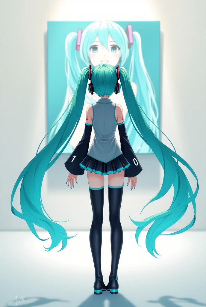 Anime art, anime style, detailed drawing, white background, high definition, high quality, one girl, solo, Hatsune Miku, aqua hair, twin tails, head ornament, headphones, number tattoo "01" (red, located on her left hand), grey sleeveless collared shirt, black detached sleeves with aqua lines, five fingers with aqua nails, aqua necktie, black pleated mini skirt with aqua lines, zettai ryouiki, thigh-high black boots with aqua lines.

Anime art, anime style, detailed drawing, white background, high definition, high quality, one girl, solo, Hatsune Miku, aqua hair, twin tails, head ornament, headphones, number tattoo "01" (red, located on her left hand), grey sleeveless collared shirt, black detached sleeves with aqua lines, five fingers with aqua nails, aqua necktie, black pleated mini skirt with aqua lines, zettai ryouiki, thigh-high black boots with aqua lines.

Miku Hatsune in the museum is looking at a painting herself on the wall.
