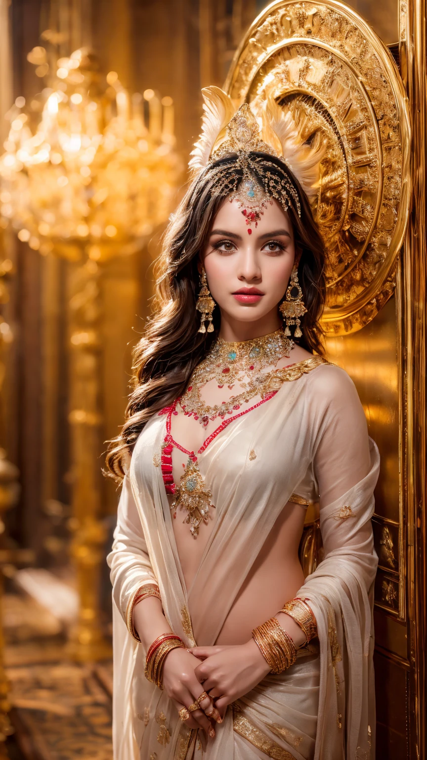 ((Best quality, 8k, Masterpiece :1.3)), Sharp focus :1.2, Generate a realistic image of a beautiful sexy Indian woman dressed in a white Kasava saree, adorned with traditional ornaments, standing in a well-lit room with cinematic lighting. ((Front view, random elegant pose)), and there is a sense of grace and elegance in her posture. The background should complement the scene, enhancing the overall aesthetic appeal of the image. Photography by Brandon Woelfel, Full shot: Canon EF 16-35mm f/2.8L III USM lens on a Canon EOS 5D Mark IV camera, ultra realistic, 32k, HD