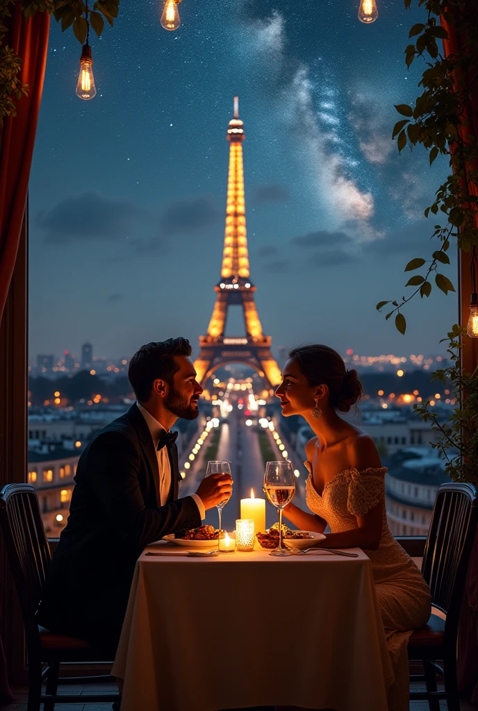 The picture shows an elegantly dressed couple in love having dinner in a tall building in front of the illuminated Eiffel Tower., It is a night where you can see the Milky Way, There is a lot of hubbub in the city.