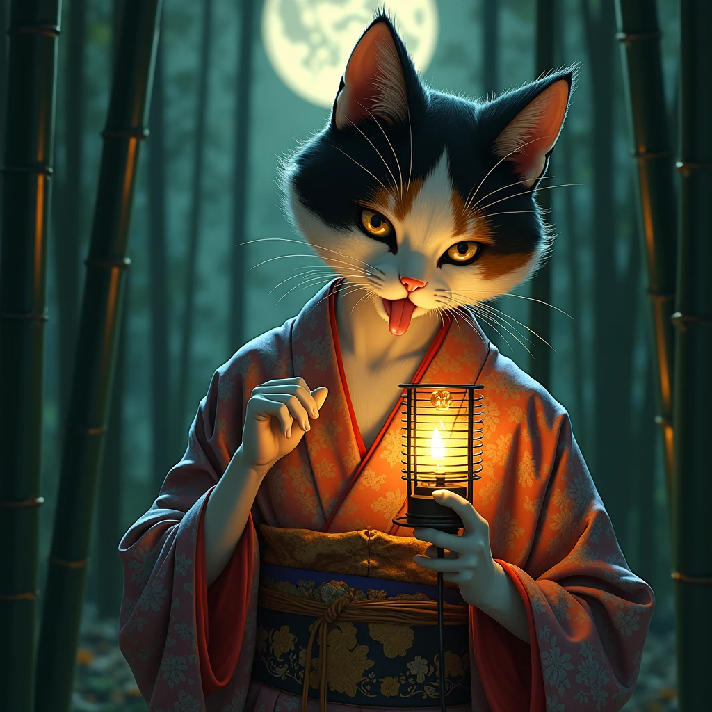 Traditional bamboo forest、Japanese Yokai、Cat、擬人化されたメスの三毛Cat、Wear a traditional kimono from Japan、Sticking out tongue、Night after night, Licking the oil of a lantern、detailed fur texture、Expressing the texture of a kimono in detail、Very detailed、Mysterious、Shine、mysterious、Silence、darkness、Fantasy、Ukiyo-e style、, intricate details, masterpiece, (best quality,4K,8k,highres,masterpiece:1.2),ultra-detailed,(realistic,photorealistic,photo-realistic:1.37),vibrant colors,cinematic lighting,dramatic atmosphere,