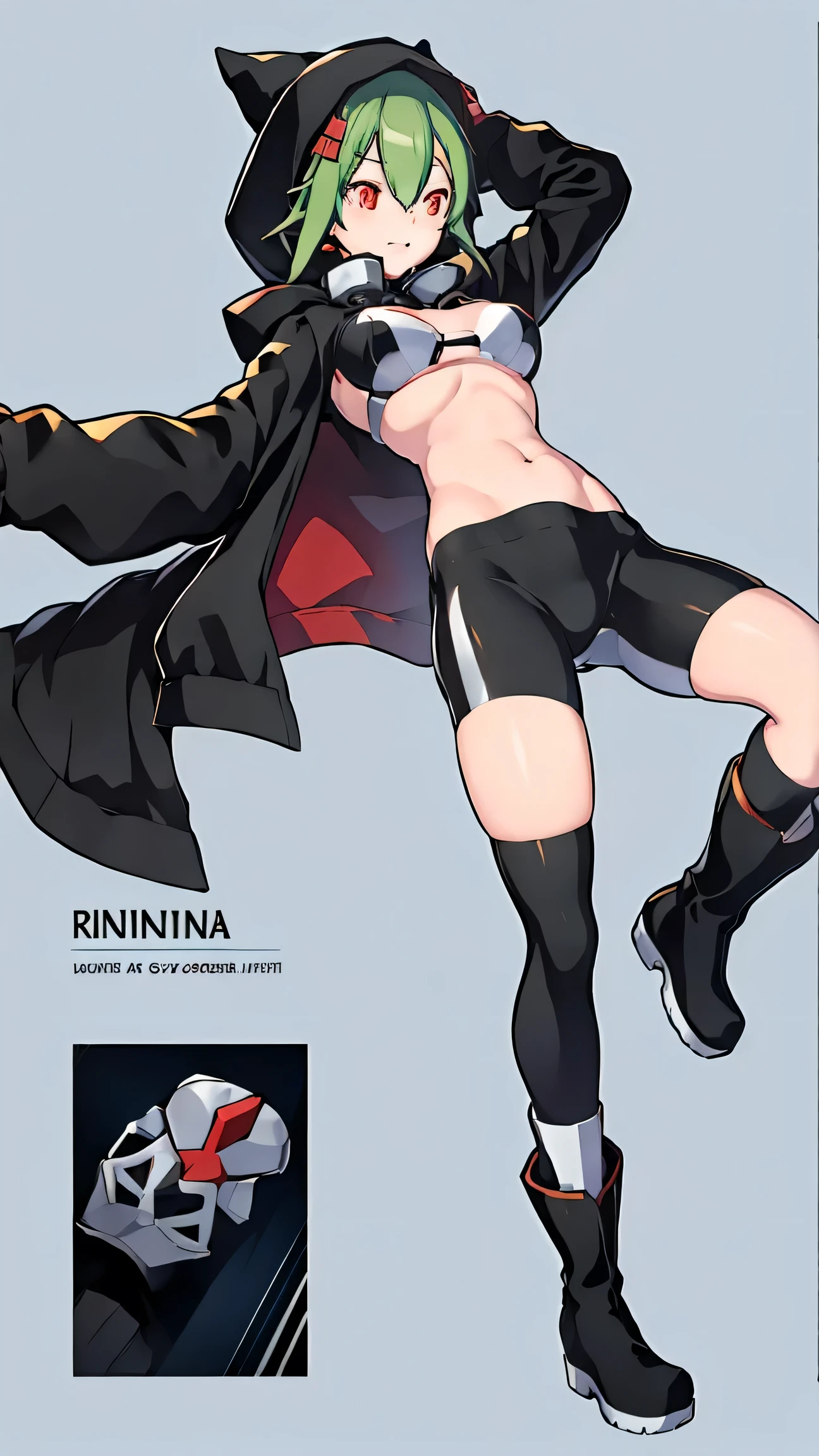 beautiful woman, short green hair, red pin, black hood, blac khalf-open jacket, half white half black bra, thight gym shorts, high knee black socks, high boots, long sleeve, dynamic pose, rina shinomyia, a cartoon picture of a woman in a black and white outfit, an anime drawing inspired by Kōno Michisei, trending on pixiv, shin hanga, hinata hyuga, wearing black tight clothing, anya from spy x family, skintight black clothes, anime full body illustration, anime vtuber full body model, asuka suit under clothes, full body shot from head to toe, alone, 1girl