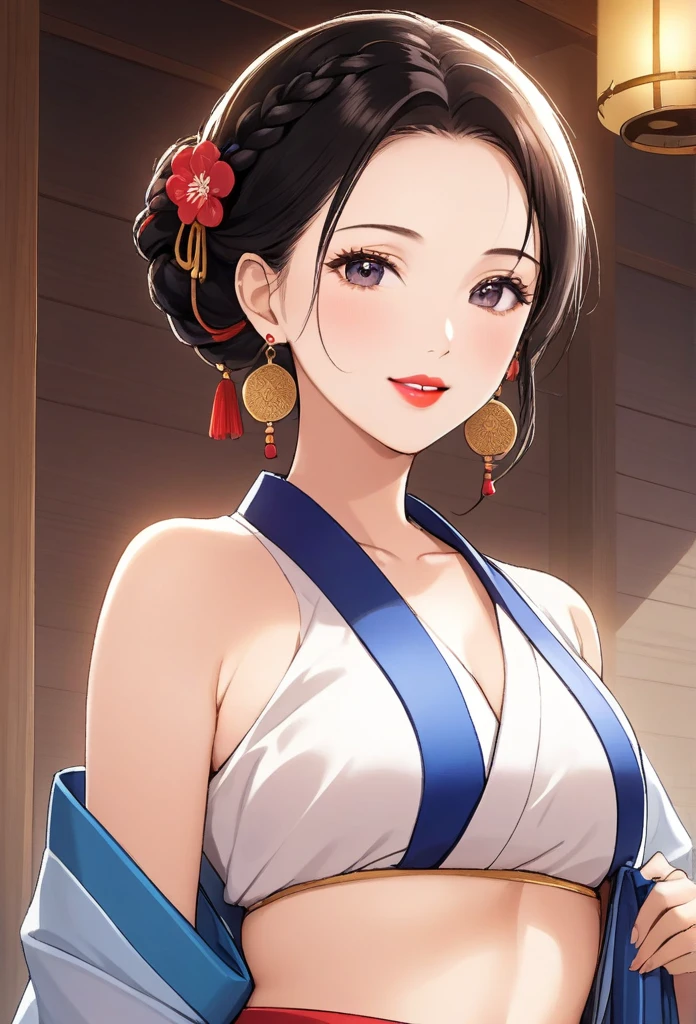 ((1woman, mature,single hair braid,yukata, big long  jhumka earrings , detailed alluring eyes, smooth detailed lips, beautiful face, smiling ,red lipstick ,navel,bangles,blue ribbon,bare legs,