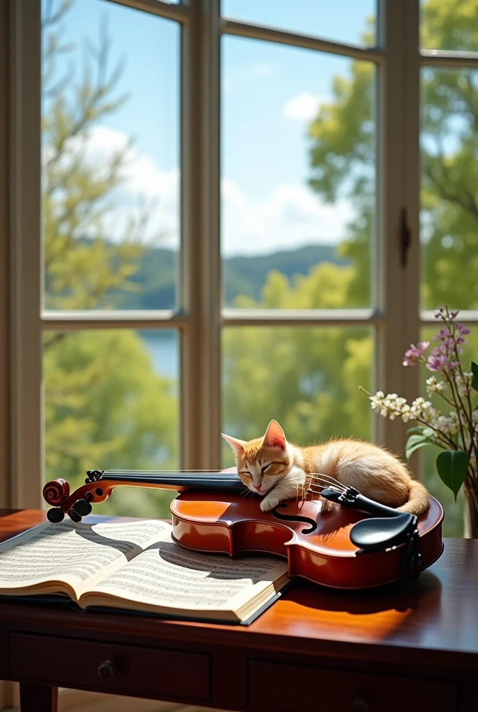 Create an image of a Viola, String family on a desk in front of a music stand with a score and the bow beside it, with the beautiful scenery and a sleeping cat