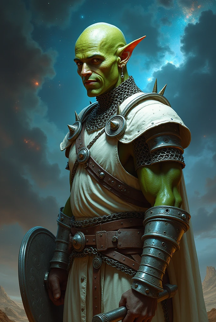 githyanki, solo, single person, olive green skin, large freckles, bald head, spiky earrings, handsome, male, smirking, white chain mail armor, flail, shield, ((masterpiece, best quality)), art by greg rutkowski, artwork trending on artstation