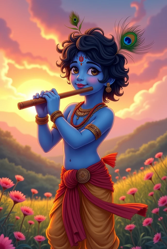 Image of lord krishna  teenager 
in anime style