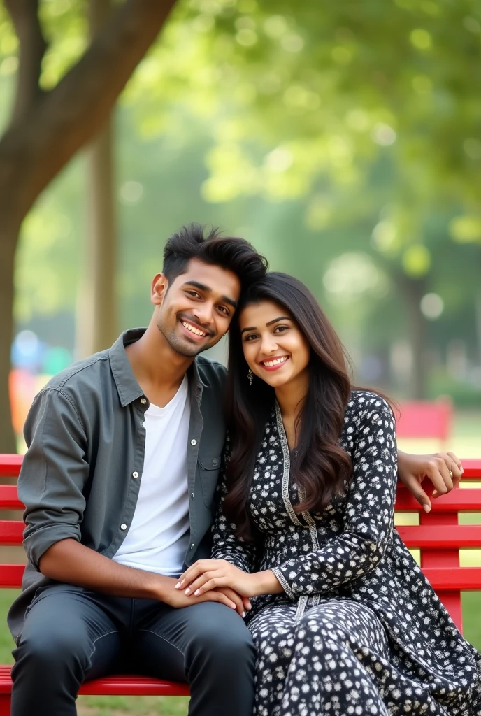 A young couple is sitting on a red bench in a park, a 17 year old Indian young slim body boy with medium long length haircut and wearing a grey shirt and t-shirt inner and a 18 year old pakistani young girl wearing a black and white pakistani suit, the young Indian boy has his hand on the young girl's neck and they both are looking at the camera. They are in love and happy together. The background has a blurred image of green trees and plants. The image is shot in a