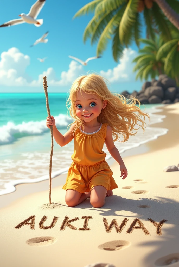 A girl holding stick on a white sandy beache and write AUKI WAY on the sand