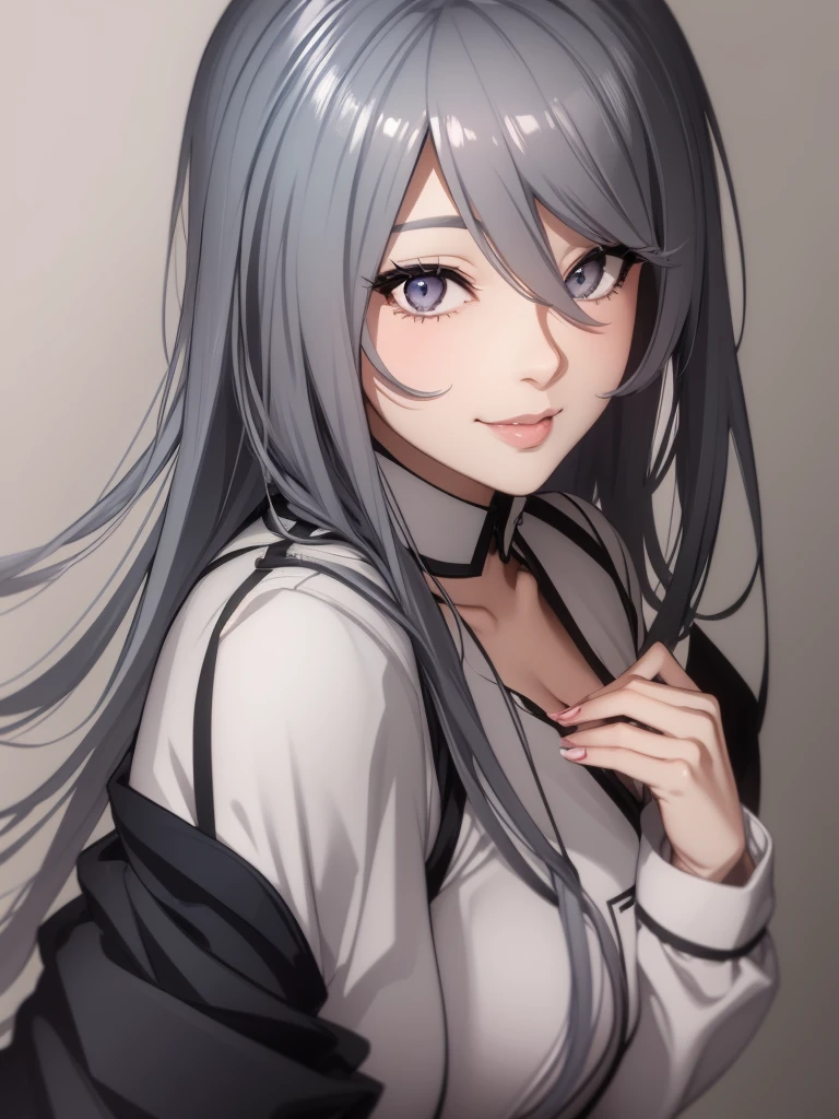 a mature woman, gyaru style, gray hair with the tips of the hair being blue, fair skin, gray eyes, curved body, seductive lips, watching the viewer with a perverted smile