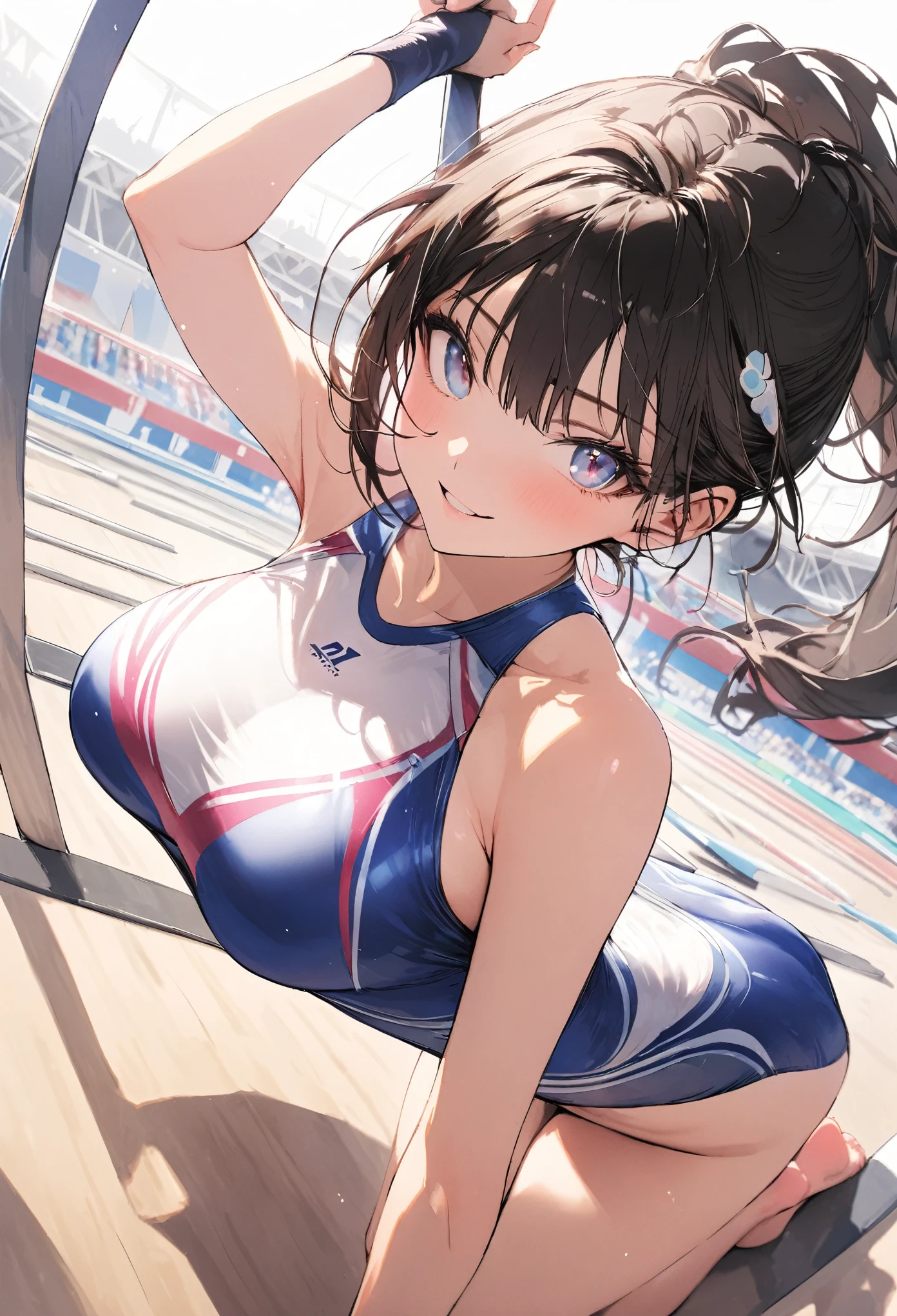 high quality,High resolution,16K,Sharp lines,1 person,Female gymnast ,Cute Face, Large Breasts, Beautiful feet,At the gymnastics venue,Focus Girl,Beautiful face in every detail,Detailed clothing,Beautiful Eyes,Nice,Dynamic Angle、I&#39;m drinking beer
