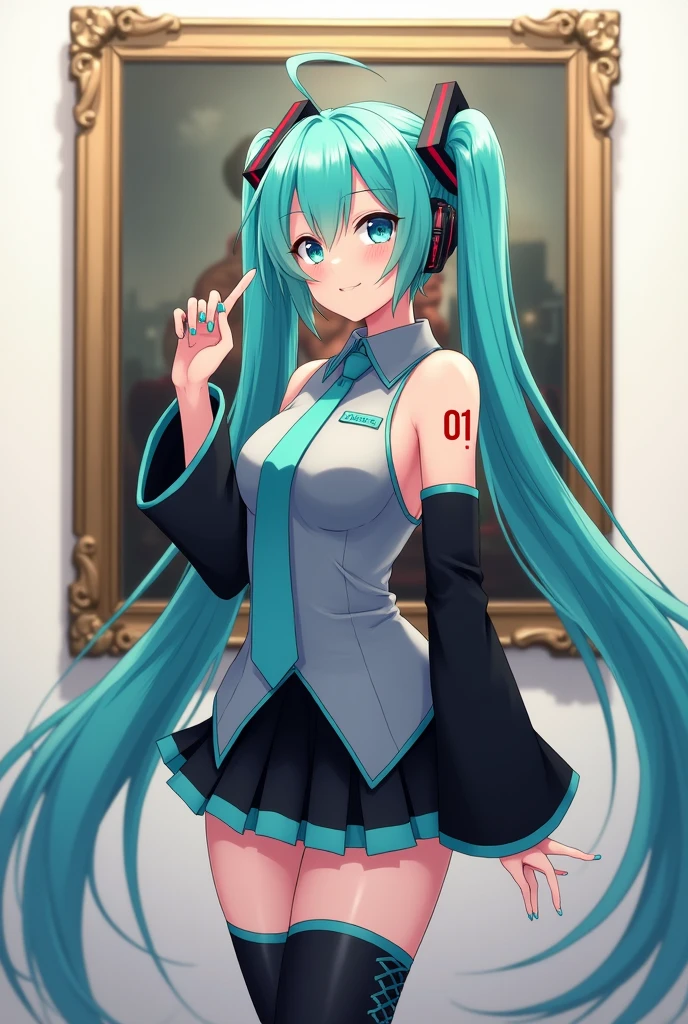Anime art, anime style, detailed drawing, white background, high definition, high quality, one girl, solo, Hatsune Miku, aqua hair, twin tails, head ornament, headphones, number tattoo "01" (red, located on her left hand), grey sleeveless collared shirt, black detached sleeves with aqua lines, five fingers with aqua nails, aqua necktie, black pleated mini skirt with aqua lines, zettai ryouiki, thigh-high black boots with aqua lines.
Anime art, anime style, detailed drawing, white background, high definition, high quality, one girl, solo, Hatsune Miku, aqua hair, twin tails, head ornament, headphones, number tattoo "01" (red, located on her left hand), grey sleeveless collared shirt, black detached sleeves with aqua lines, five fingers with aqua nails, aqua necktie, black pleated mini skirt with aqua lines, zettai ryouiki, thigh-high black boots with aqua lines.
Miku Hatsune in the museum is looking at a painting herself on the wall.