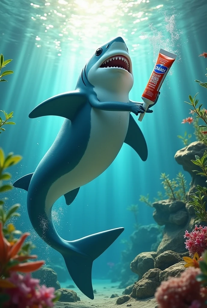 (photorealism:1.2), With a powerful swish of his tail, Sharky whips out a tube of super-strength toothpaste, brushing away the Cavity King's minions with swift, minty strokes soft lighting, plants in background, sunlight rare through the waters, realistic, intricate details, warm colors
