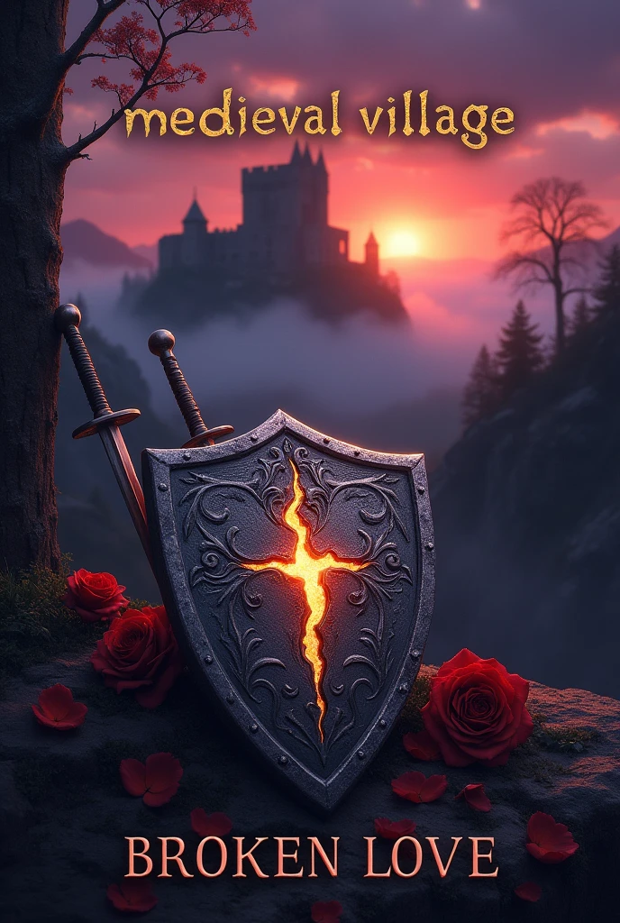 bottom: A twilight medieval scene, with a ruined castle on the horizon, partially covered by fog. The sky has purple and reddish tones, suggesting a mixture of melancholy and hope.
Central Element: A broken heart, represented by a broken medieval shield, placed in the center of the cover. The shield is decorated with ancient details and fractures that emit a faint golden glow.
Additional Details:
On the left, a pair of crossed swords on a background of shadows representing struggle and conflict.
On the right, a withered rose, symbolizing lost love, with drooping petals.
Typography:
Band Name: "medieval village" in a gothic or medieval font, located in the upper center. The color could be gold or silver, standing out against the background.
Title of the album: "BROKEN LOVE" in a simpler but elegant font, placed below the broken heart, with a color that subtly contrasts, like a dark red or silver.