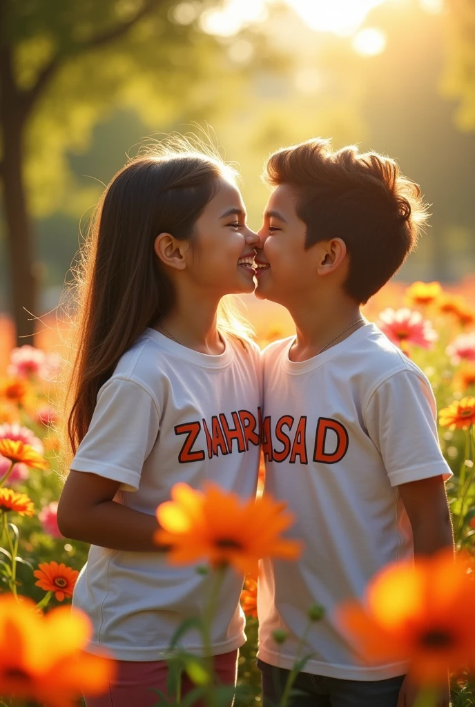 A girl wear a t shirt with written name Zahra and a boy wear a t shirt name Asad and they kiss each other
