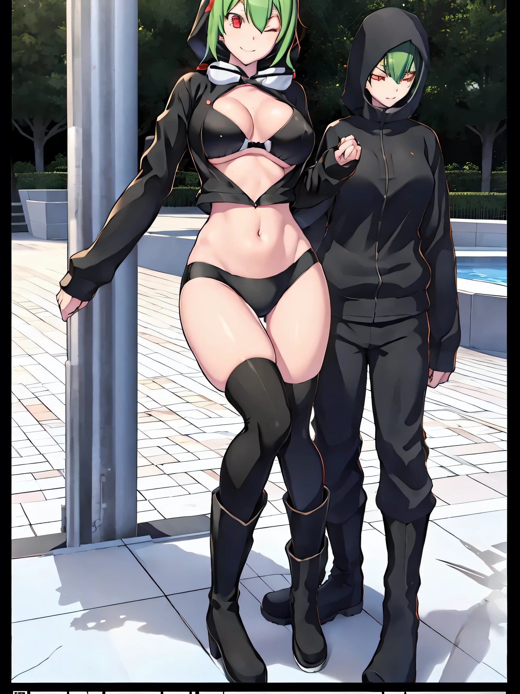 beautiful woman, short green hair, red pin, black hood, blac khalf-open jacket, half white half black bra, thight gym shorts, high knee black socks, high boots, long sleeve,  rina shinomyia, a cartoon picture of a woman in a black and white outfit, an anime drawing,  shin hanga, wearing black tight clothing, skintight black clothes, anime full body illustration, full body shot from head to toe