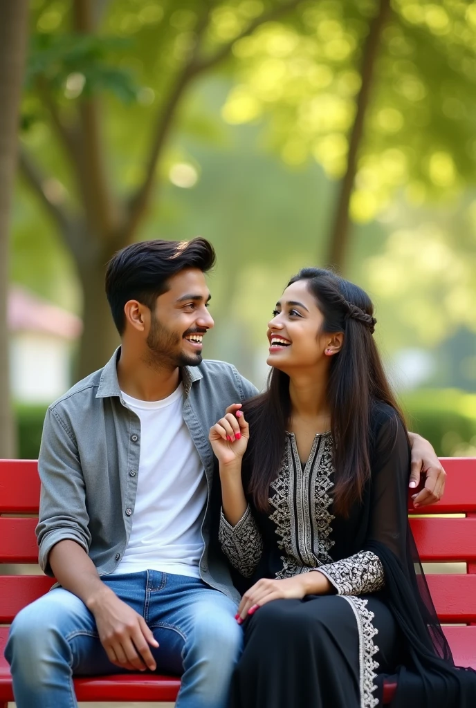 A young couple is sitting on a red bench in a park, a 17 year old Indian young slim body boy with medium long length haircut and wearing a grey shirt and t-shirt inner and a 18 year old pakistani young girl wearing a black and white pakistani suit, the young Indian boy has his hand on the young girl's neck and they both are looking at the camera. They are in love and happy together. The background has a blurred image of green trees and plants. The image is shot in a