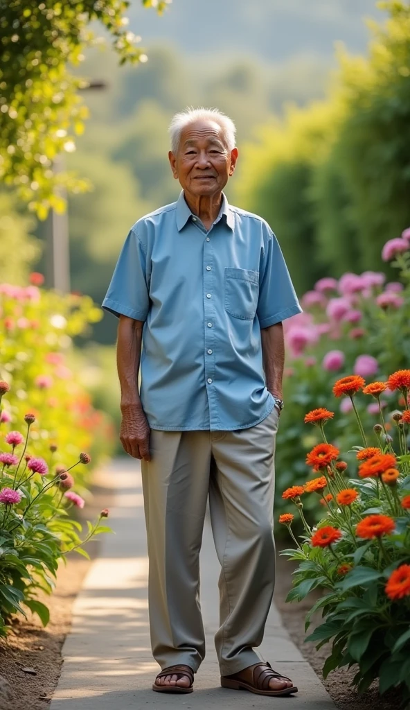 Mr. Tu is an old man over 60 years old., skinny, dark skin, short neat silver hair. He wore a light blue short-sleeved shirt., light gray khaki pants, brown rubber sandals. His face was full of wrinkles but gentle and cheerful.. Sharp 4k 3d images
