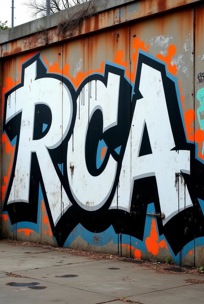 RCA letters in white and black graffiti on a large building 